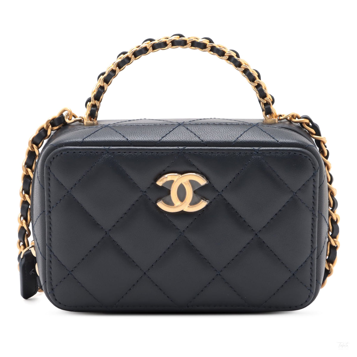 Second hand Chanel CC Mini Lambskin Leather Quilted Chain Top Handle Vanity Case Handbag Blue - Tabita Bags
