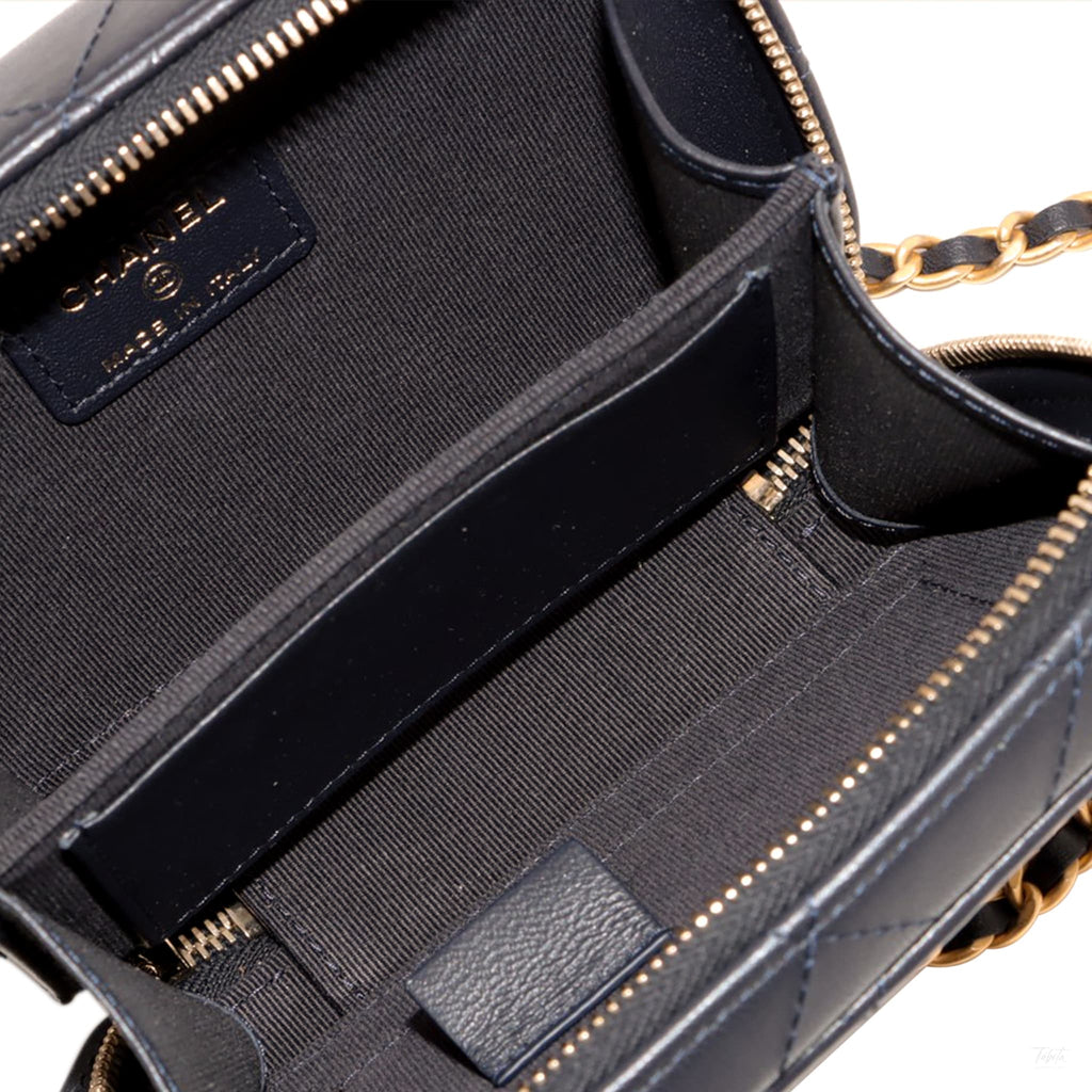 Second hand Chanel CC Mini Lambskin Leather Quilted Chain Top Handle Vanity Case Handbag Blue - Tabita Bags