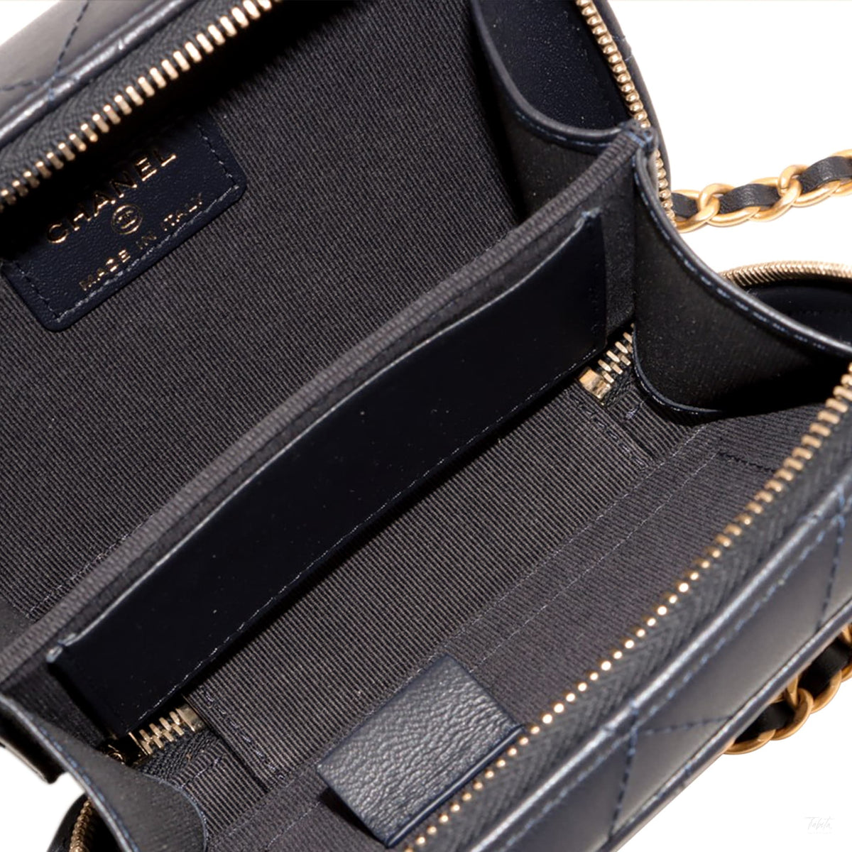 Second hand Chanel CC Mini Lambskin Leather Quilted Chain Top Handle Vanity Case Handbag Blue - Tabita Bags