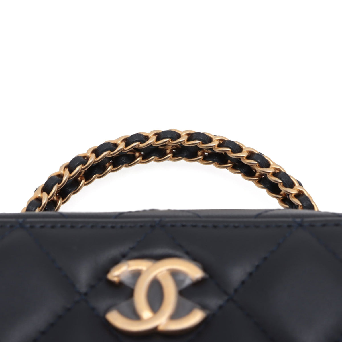 Second hand Chanel CC Mini Lambskin Leather Quilted Chain Top Handle Vanity Case Handbag Blue - Tabita Bags