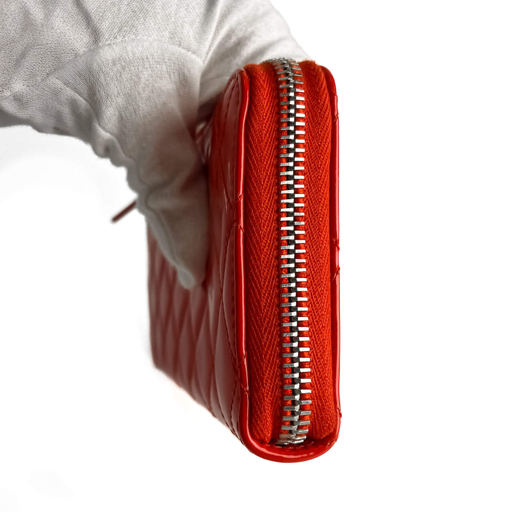 Second hand Chanel CC Quilted Patent Leather Long Zip Around Wallet Coral Red - Tabita Bags