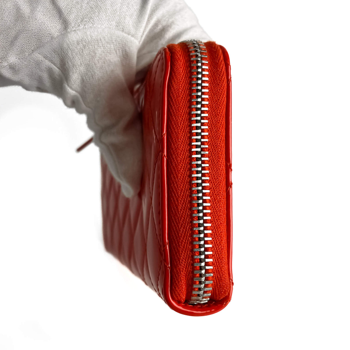 Second hand Chanel CC Quilted Patent Leather Long Zip Around Wallet Coral Red - Tabita Bags
