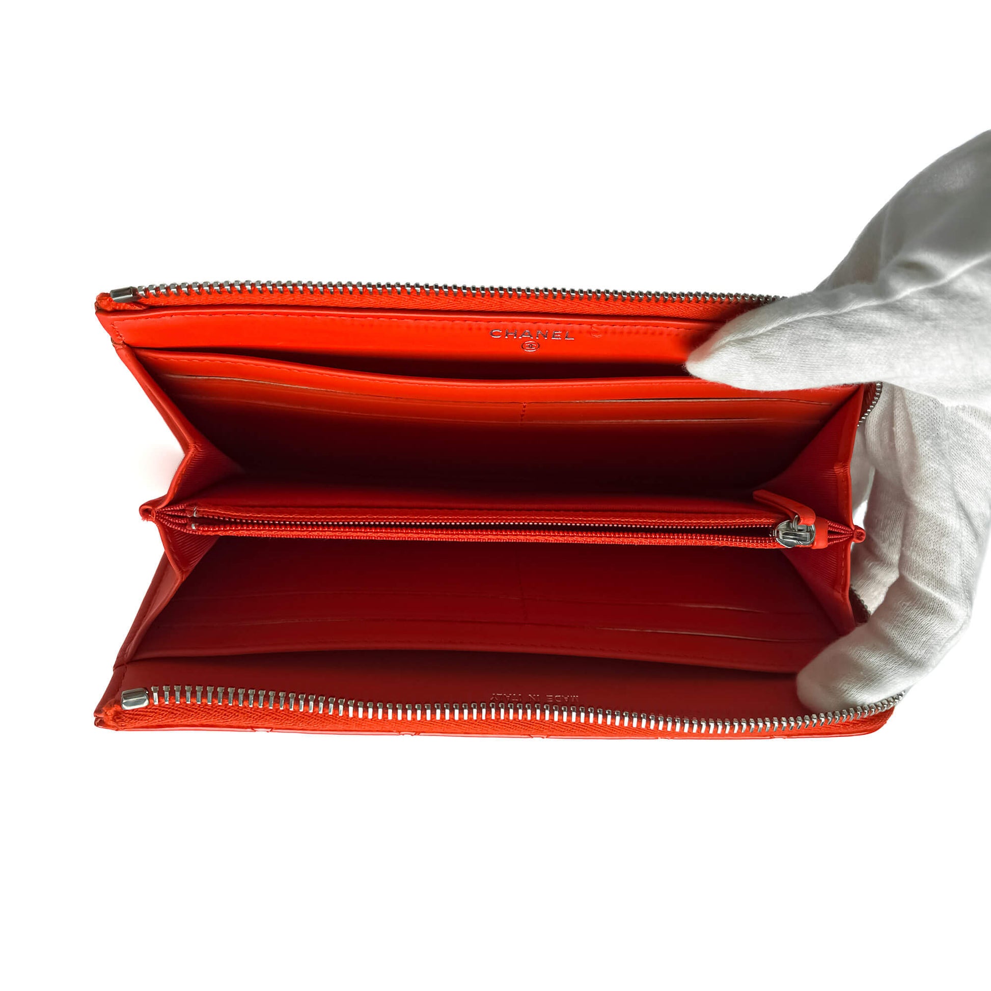 Second hand Chanel CC Quilted Patent Leather Long Zip Around Wallet Coral Red - Tabita Bags