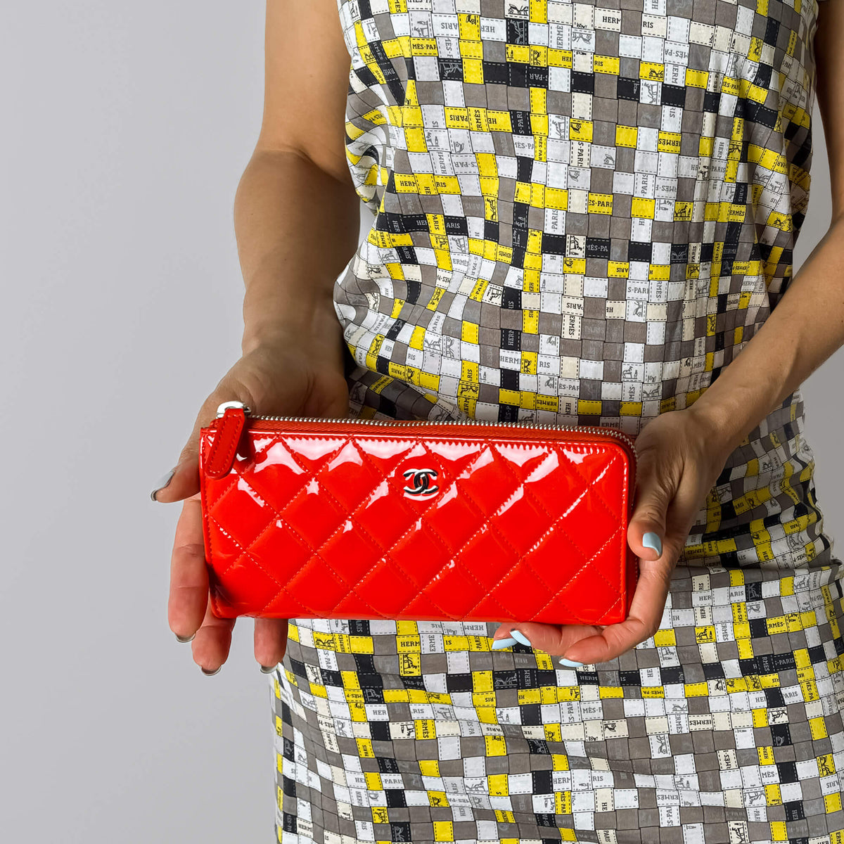 Second hand Chanel CC Quilted Patent Leather Long Zip Around Wallet Coral Red - Tabita Bags
