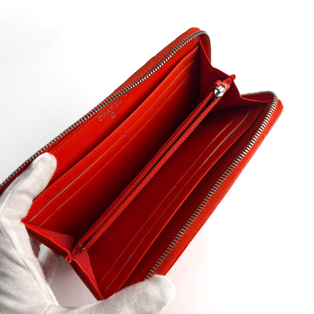 Second hand Chanel CC Quilted Patent Leather Long Zip Around Wallet Coral Red - Tabita Bags