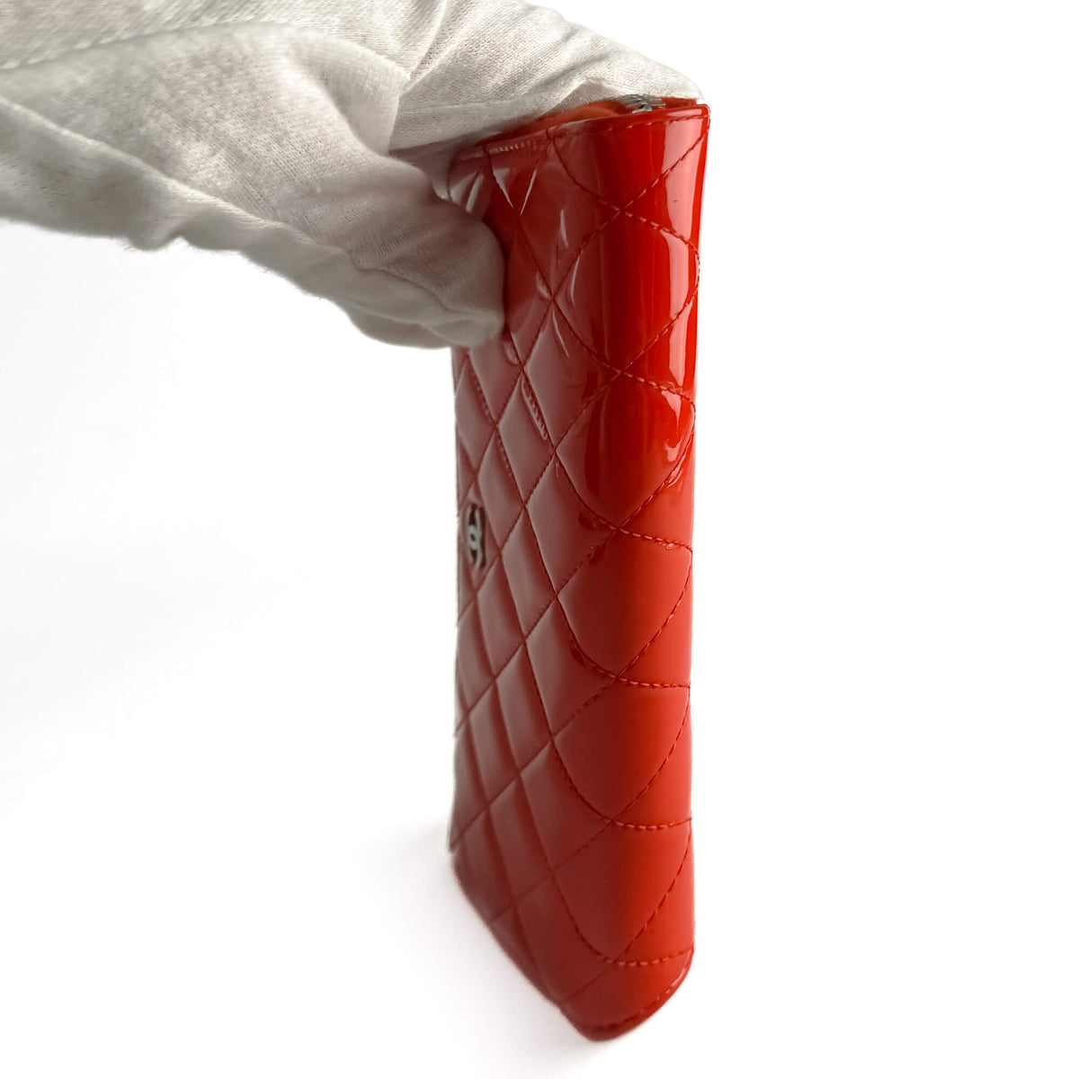 Second hand Chanel CC Quilted Patent Leather Long Zip Around Wallet Coral Red - Tabita Bags