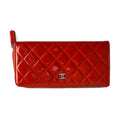 Second hand Chanel CC Quilted Patent Leather Long Zip Around Wallet Coral Red - Tabita Bags