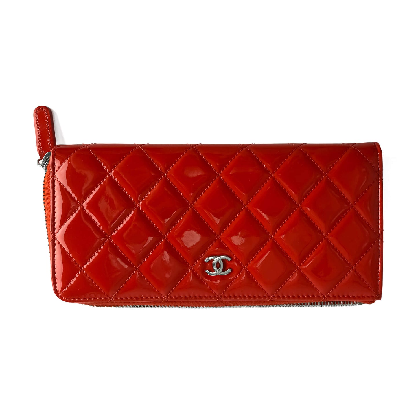Second hand Chanel CC Quilted Patent Leather Long Zip Around Wallet Coral Red - Tabita Bags