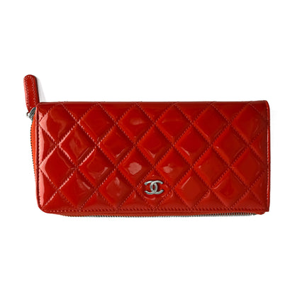Second hand Chanel CC Quilted Patent Leather Long Zip Around Wallet Coral Red - Tabita Bags