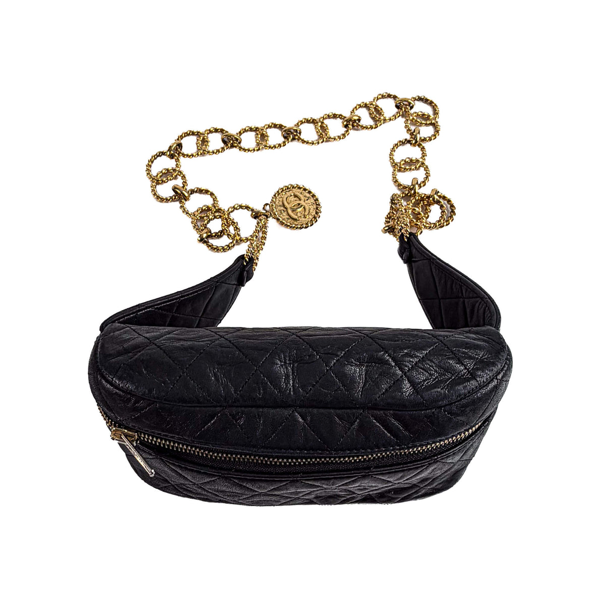 Second hand Chanel Chain Fanny Pack Lambskin Leather Quilted Belt Bag Black - Tabita Bags
