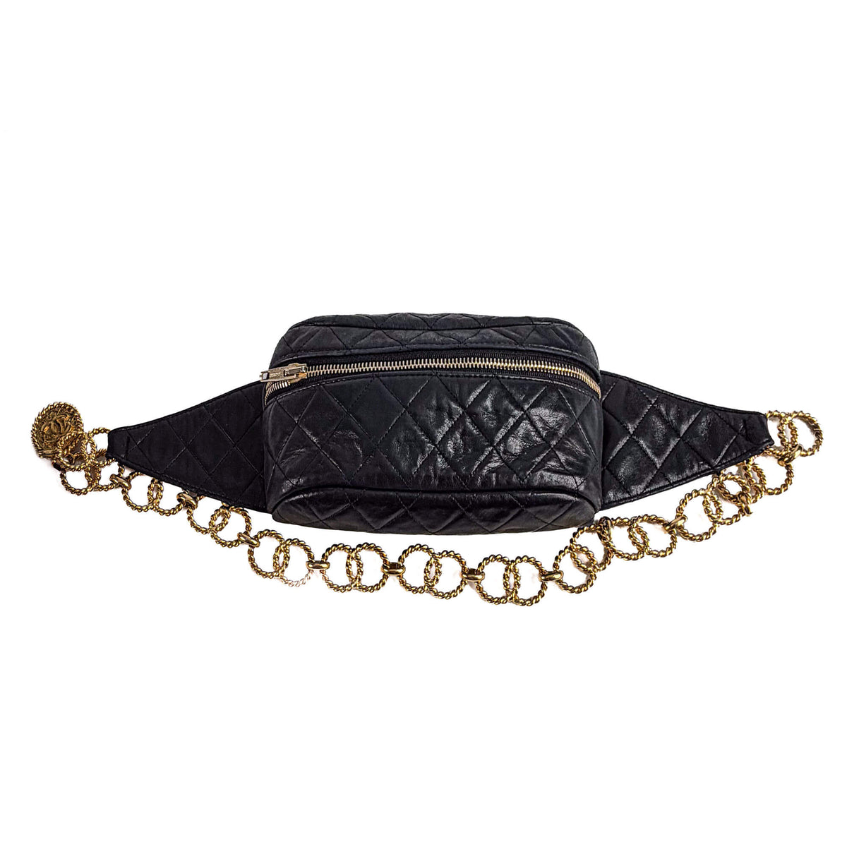 Second hand Chanel Chain Fanny Pack Lambskin Leather Quilted Belt Bag Black - Tabita Bags