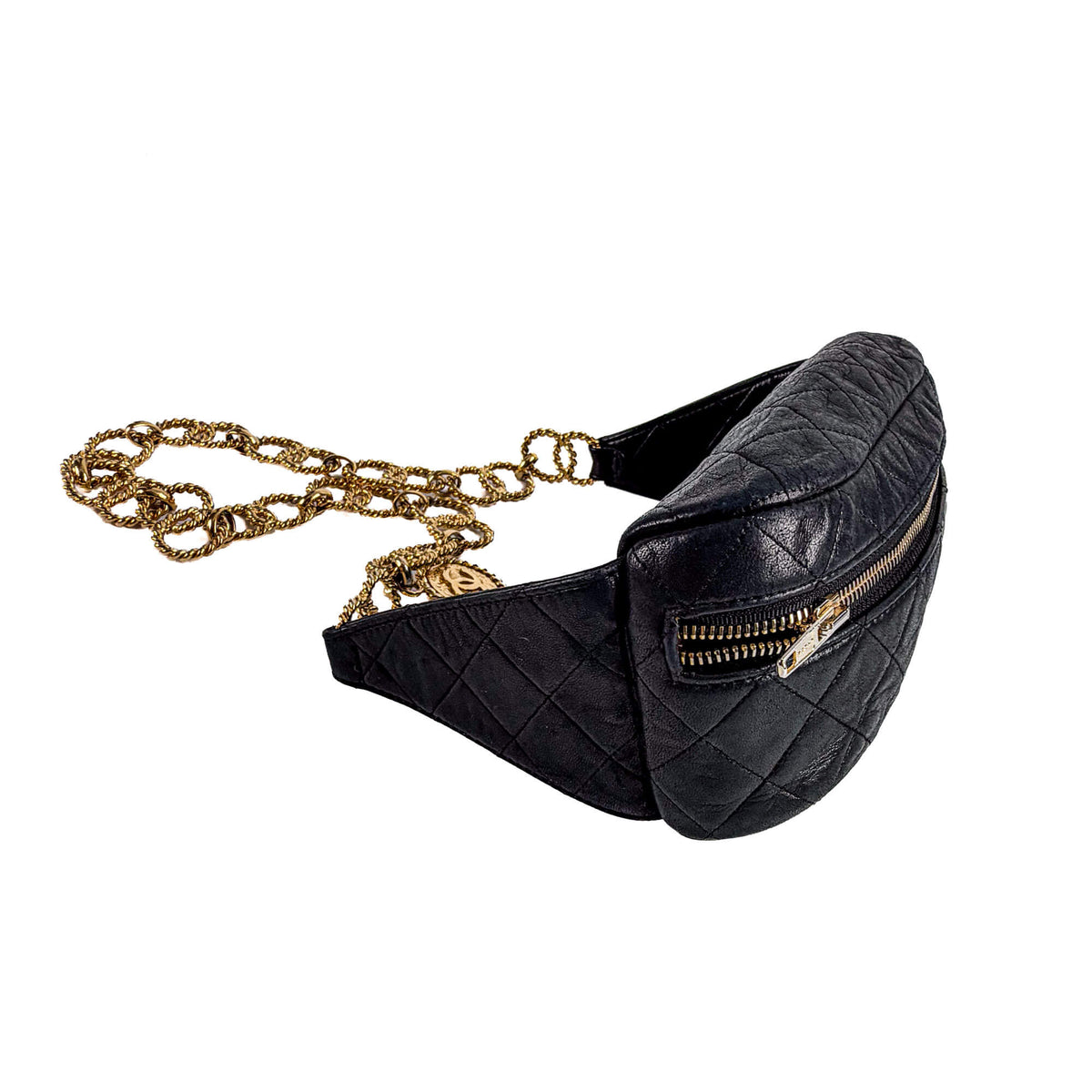 Second hand Chanel Chain Fanny Pack Lambskin Leather Quilted Belt Bag Black - Tabita Bags