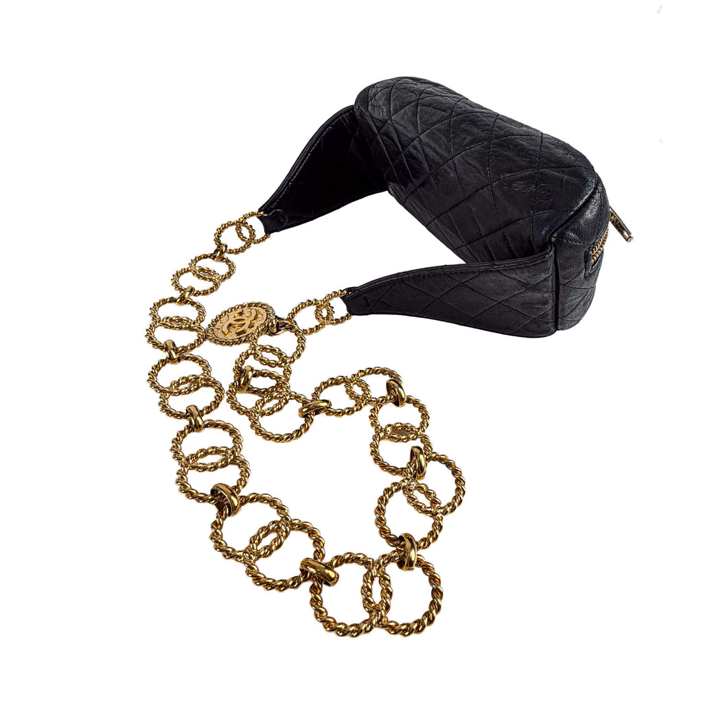 Second hand Chanel Chain Fanny Pack Lambskin Leather Quilted Belt Bag Black - Tabita Bags