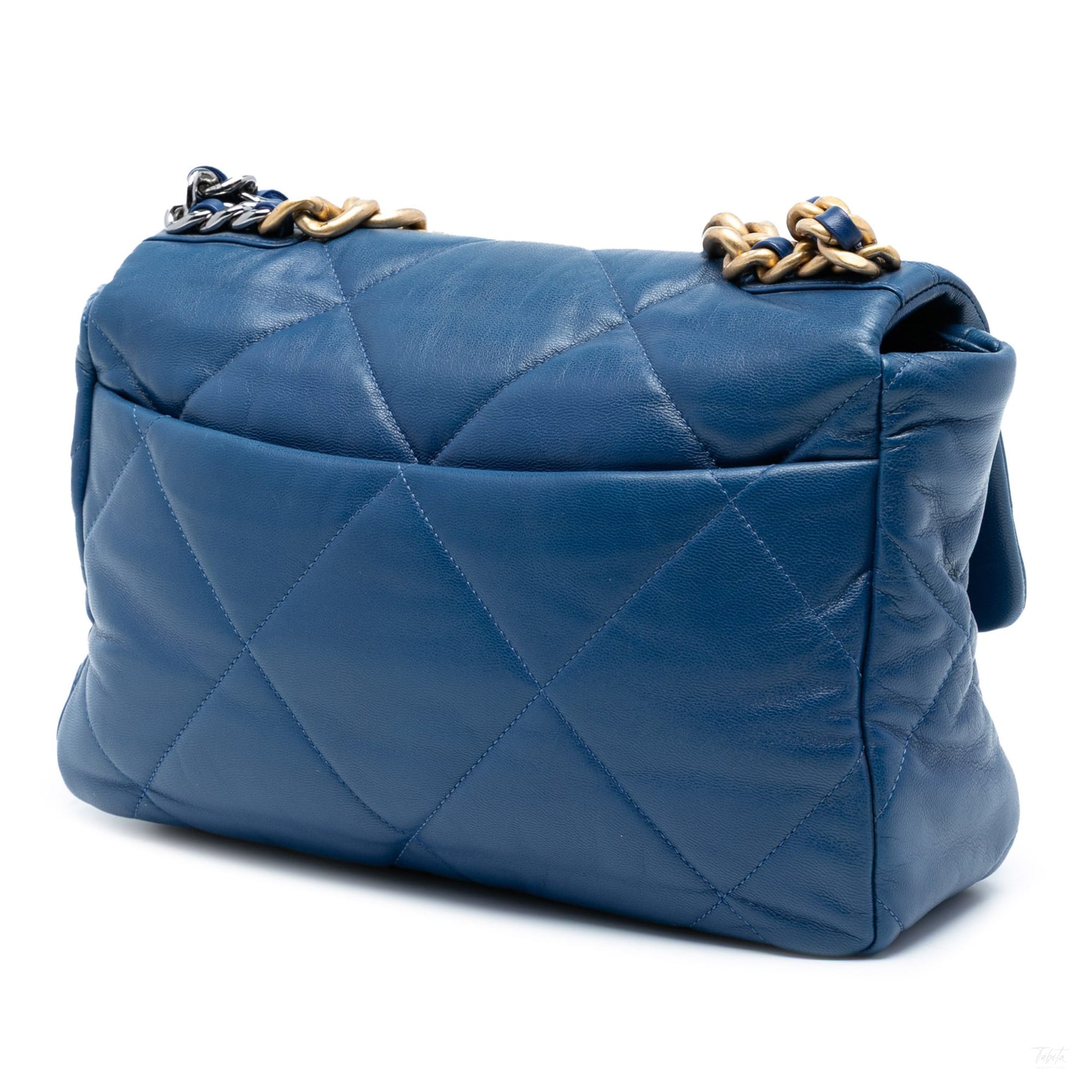 Second hand Chanel CHANEL 19 Large Lambskin Leather Matelassè Flap Handbag Blue - Tabita Bags