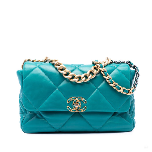 Second hand Chanel CHANEL 19 Large Lambskin Leather Matelassè Flap Handbag Blue - Tabita Bags