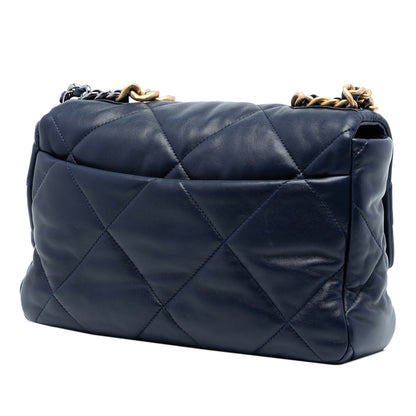 Second hand Chanel CHANEL 19 Large Lambskin Leather Matelassè Flap Handbag Blue - Tabita Bags