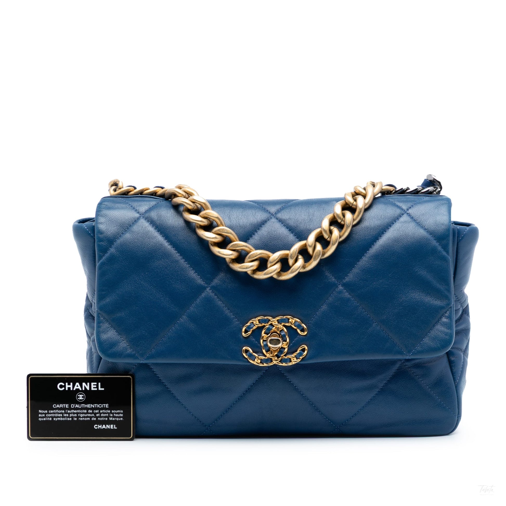Second hand Chanel CHANEL 19 Large Lambskin Leather Matelassè Flap Handbag Blue - Tabita Bags