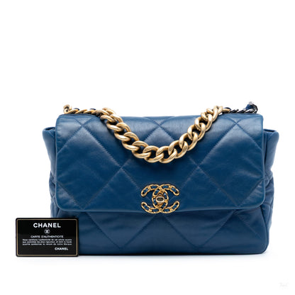 Second hand Chanel CHANEL 19 Large Lambskin Leather Matelassè Flap Handbag Blue - Tabita Bags