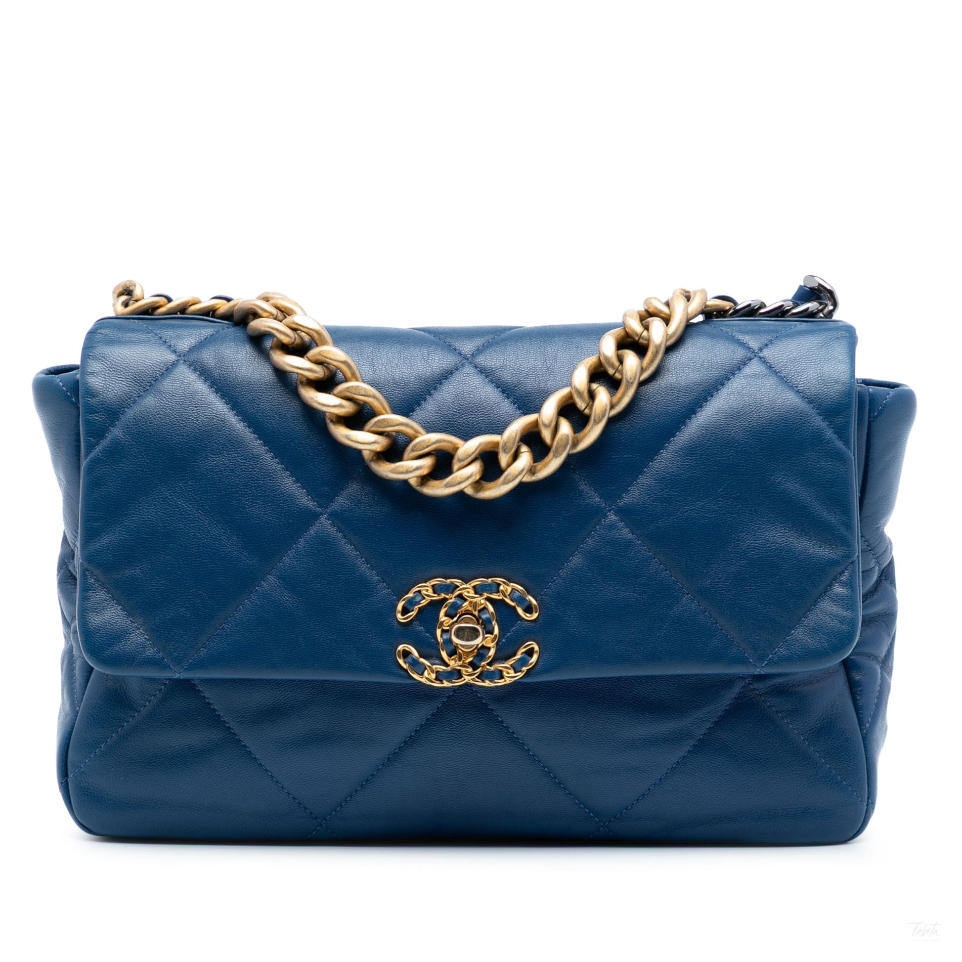 Second hand Chanel CHANEL 19 Large Lambskin Leather Matelassè Flap Handbag Blue - Tabita Bags