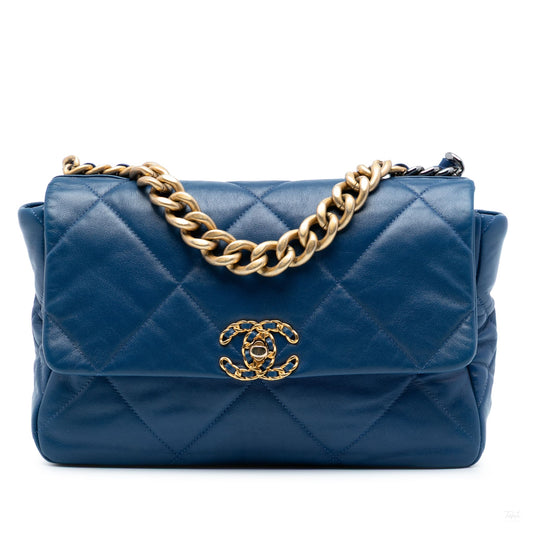 Second hand Chanel CHANEL 19 Large Lambskin Leather Matelassè Flap Handbag Blue - Tabita Bags