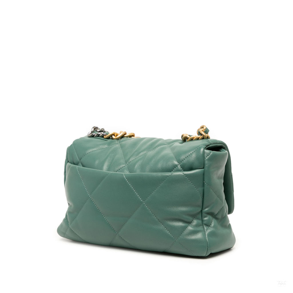 Second hand Chanel CHANEL 19 Large Lambskin Leather Matelassè Flap Handbag Green - Tabita Bags