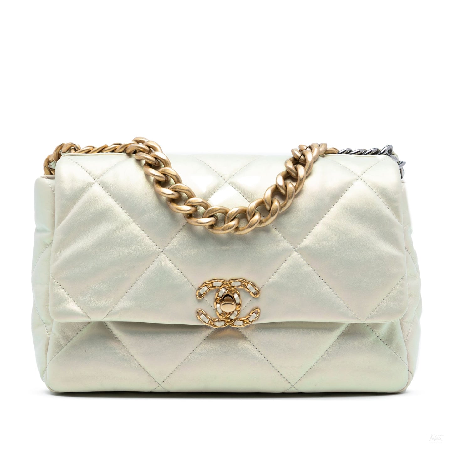 Second hand Chanel CHANEL 19 Large Lambskin Leather Matelassè Flap Handbag Iridescent Silver - Tabita Bags