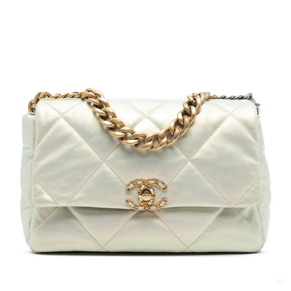 Second hand Chanel CHANEL 19 Large Lambskin Leather Matelassè Flap Handbag Iridescent Silver - Tabita Bags