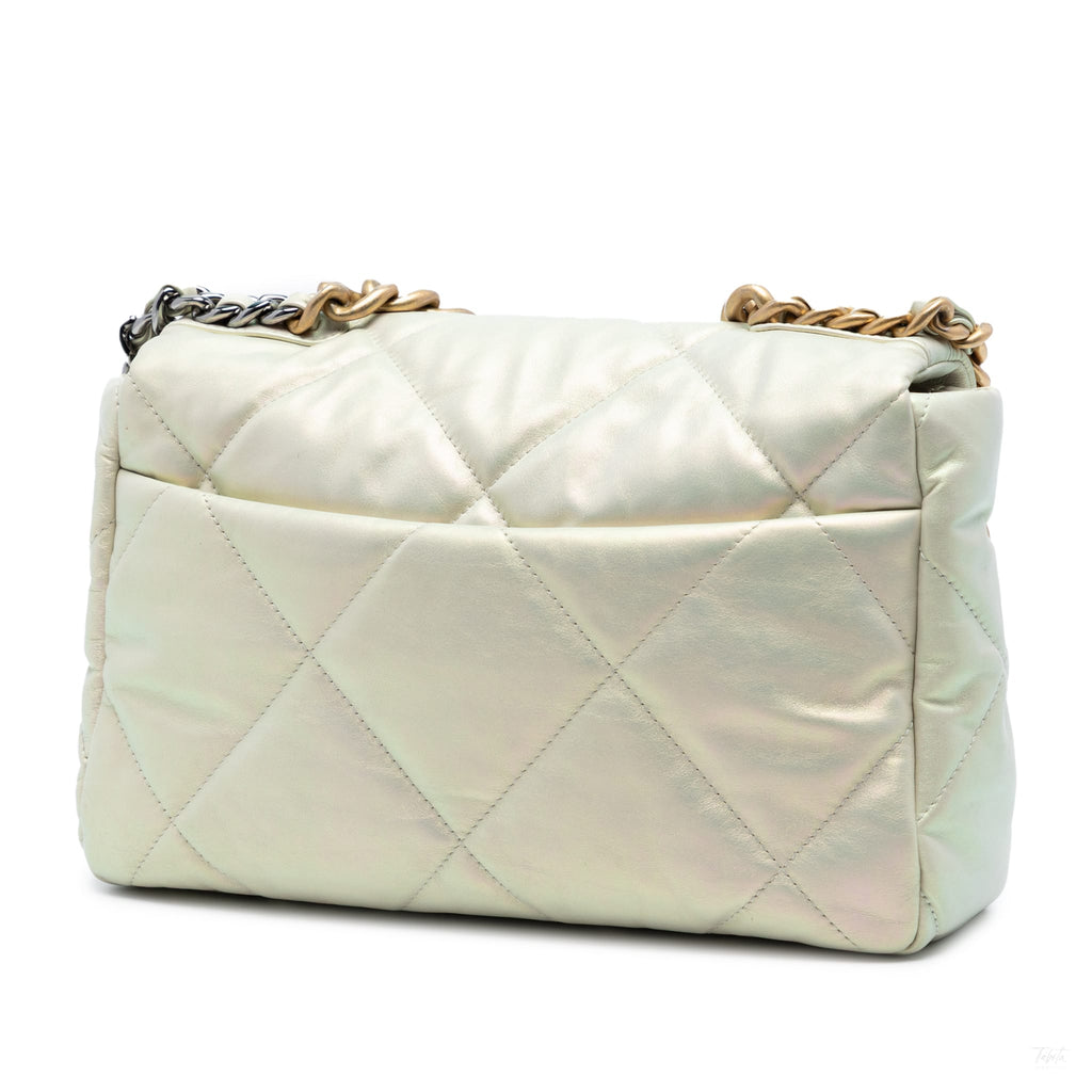 Second hand Chanel CHANEL 19 Large Lambskin Leather Matelassè Flap Handbag Iridescent Silver - Tabita Bags