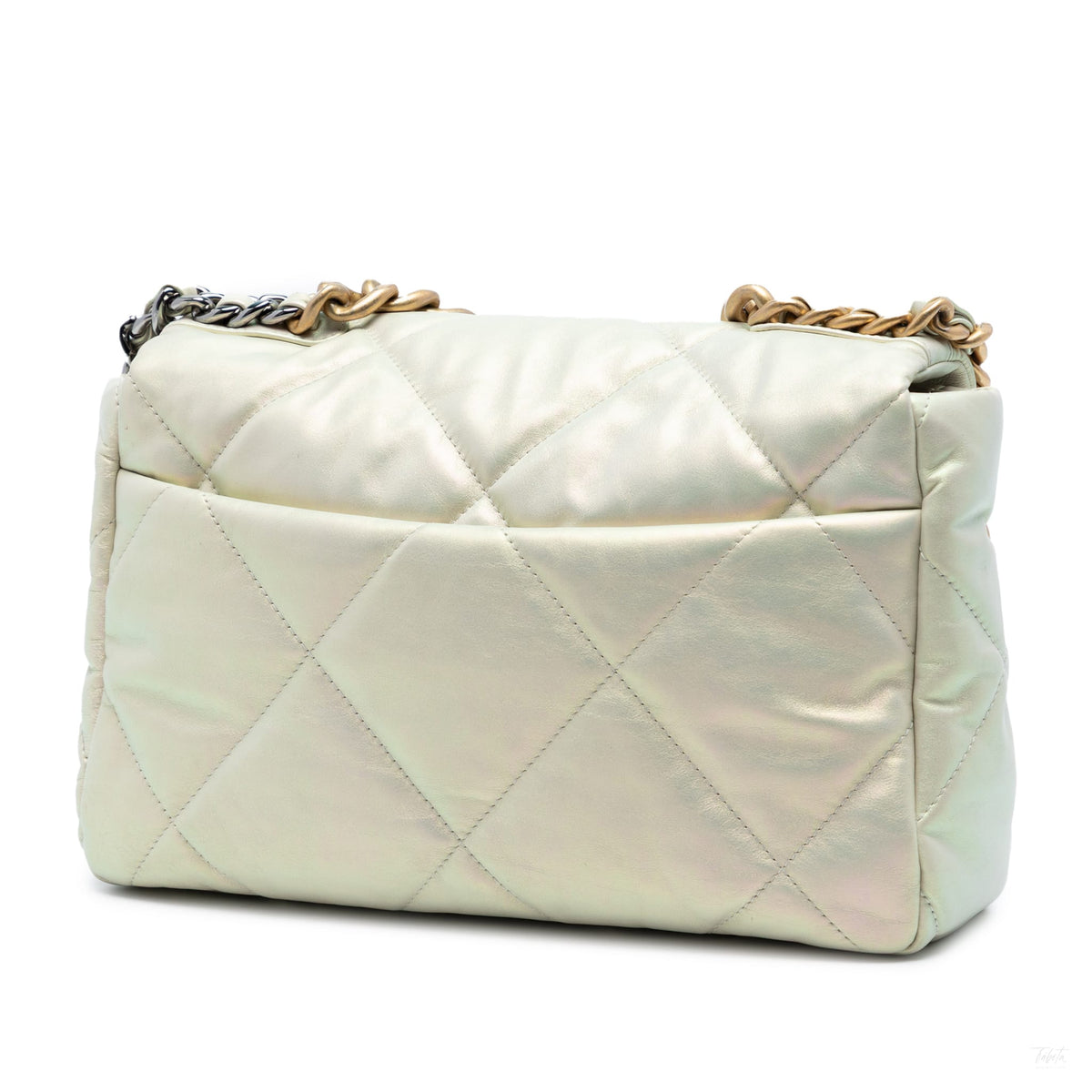 Second hand Chanel CHANEL 19 Large Lambskin Leather Matelassè Flap Handbag Iridescent Silver - Tabita Bags