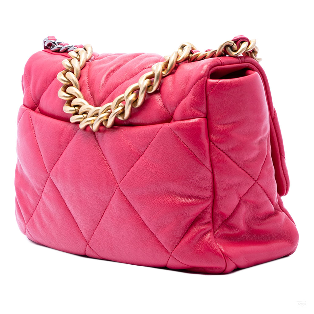 Second hand Chanel CHANEL 19 Large Lambskin Leather Matelassè Flap Handbag Pink - Tabita Bags
