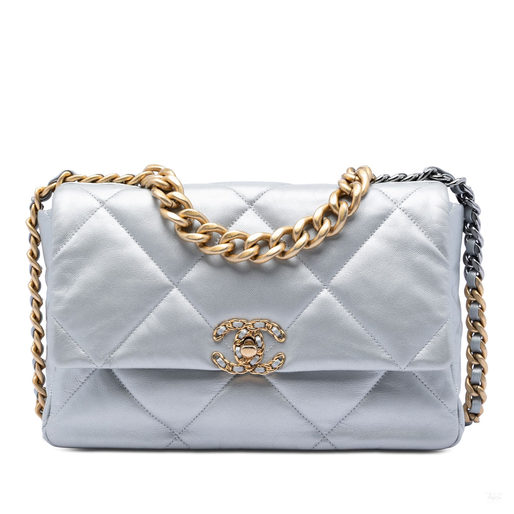 Second hand Chanel CHANEL 19 Large Lambskin Leather Matelassè Flap Handbag Silver - Tabita Bags