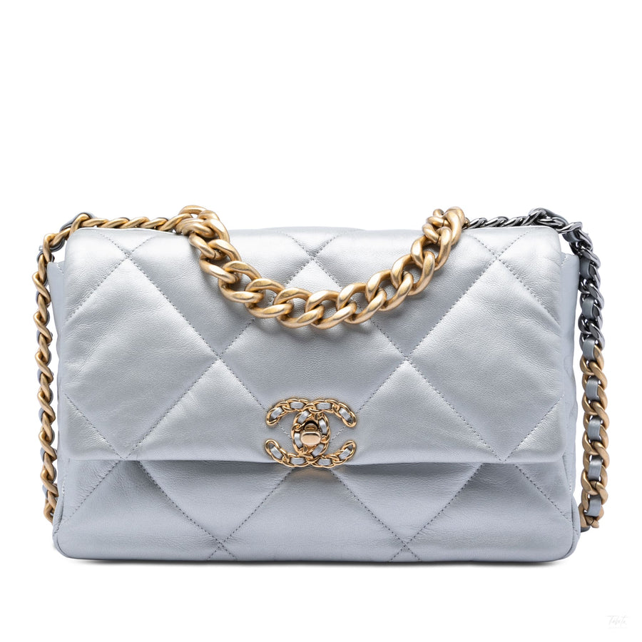 Second hand Chanel CHANEL 19 Large Lambskin Leather Matelassè Flap Handbag Silver - Tabita Bags