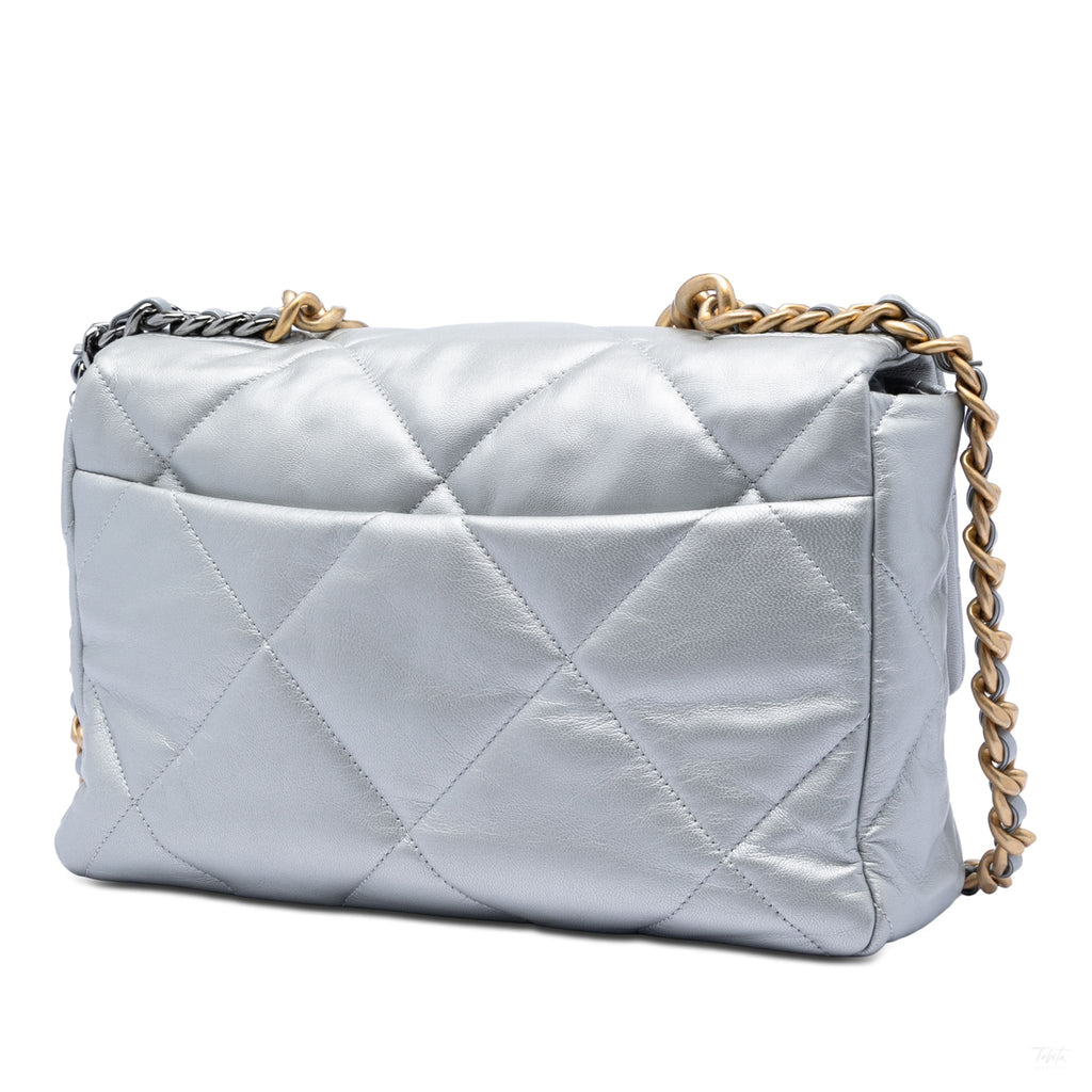 Second hand Chanel CHANEL 19 Large Lambskin Leather Matelassè Flap Handbag Silver - Tabita Bags