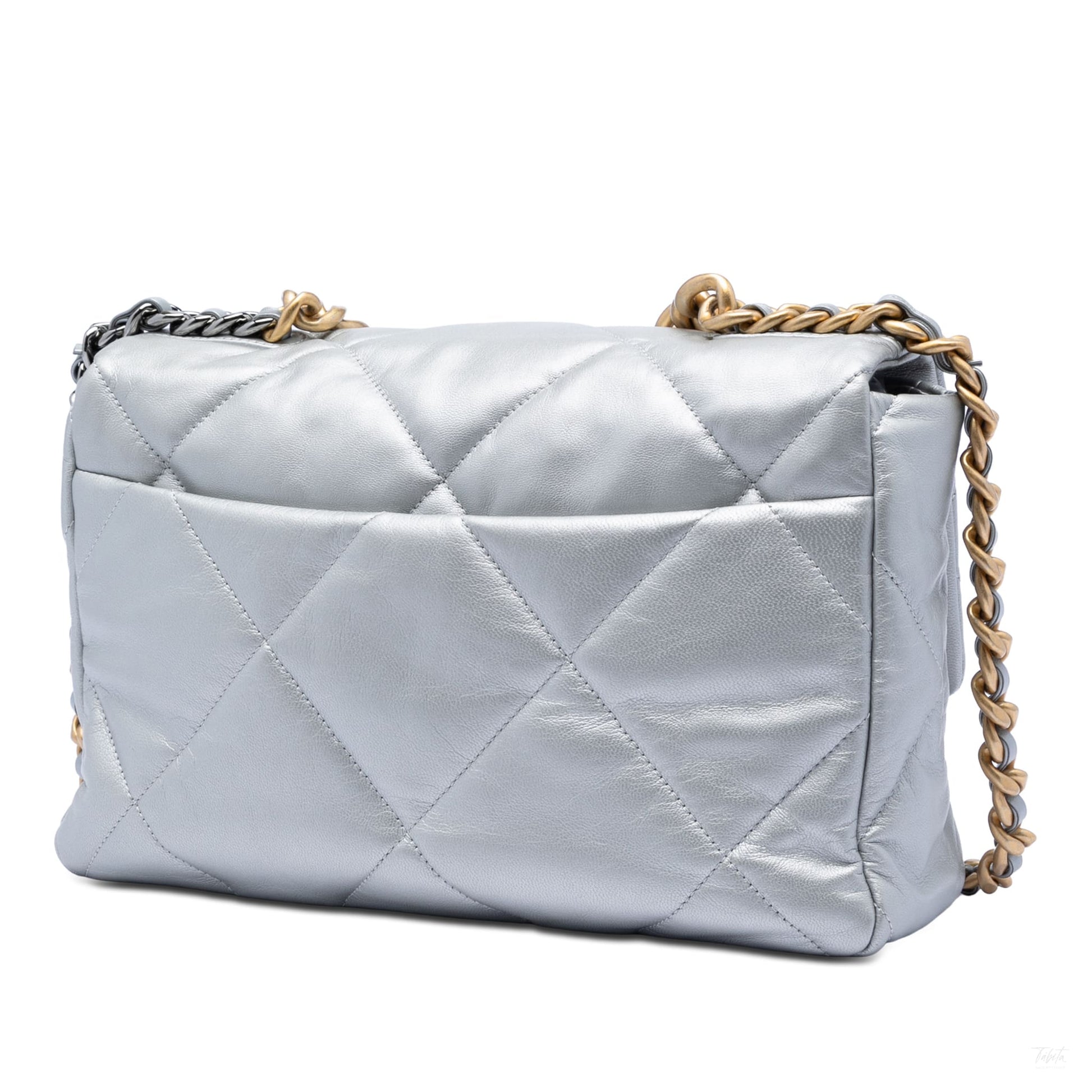 Second hand Chanel CHANEL 19 Large Lambskin Leather Matelassè Flap Handbag Silver - Tabita Bags