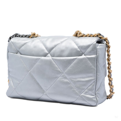 Second hand Chanel CHANEL 19 Large Lambskin Leather Matelassè Flap Handbag Silver - Tabita Bags