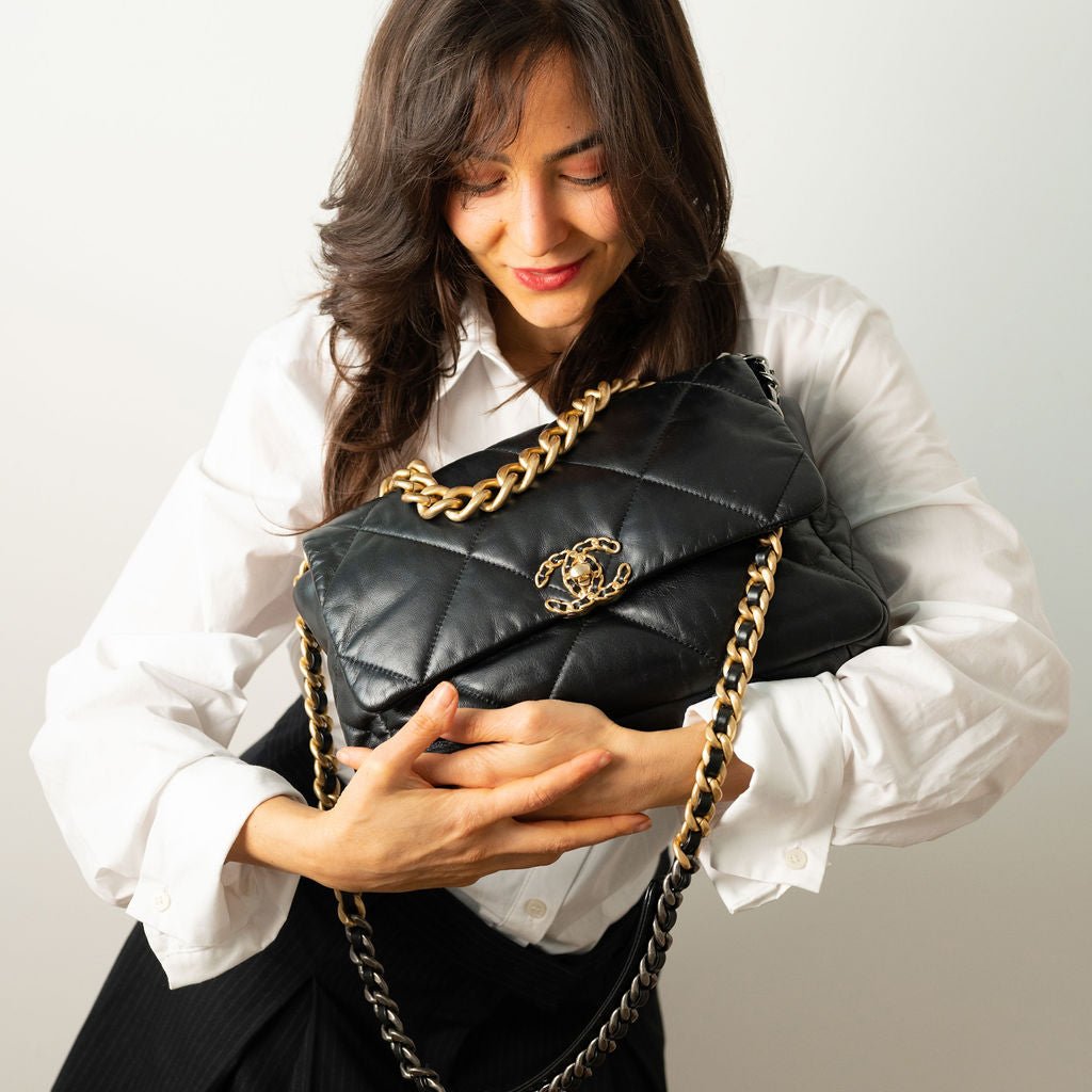 Second hand Chanel CHANEL 19 Large Matelassè Lambskin Leather 2 - Ways Flap Handbag Black - Tabita Bags