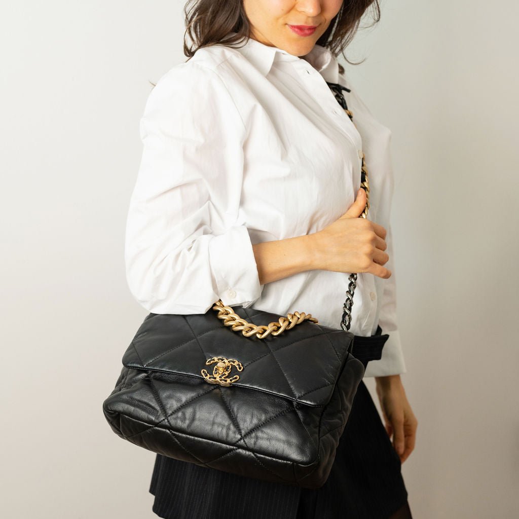 Second hand Chanel CHANEL 19 Large Matelassè Lambskin Leather 2 - Ways Flap Handbag Black - Tabita Bags