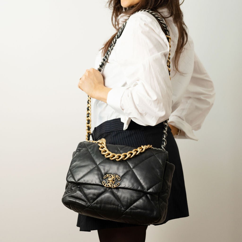 Second hand Chanel CHANEL 19 Large Matelassè Lambskin Leather 2 - Ways Flap Handbag Black - Tabita Bags