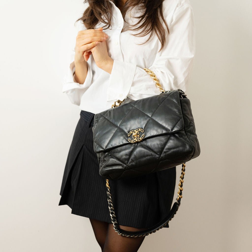 Second hand Chanel CHANEL 19 Large Matelassè Lambskin Leather 2 - Ways Flap Handbag Black - Tabita Bags