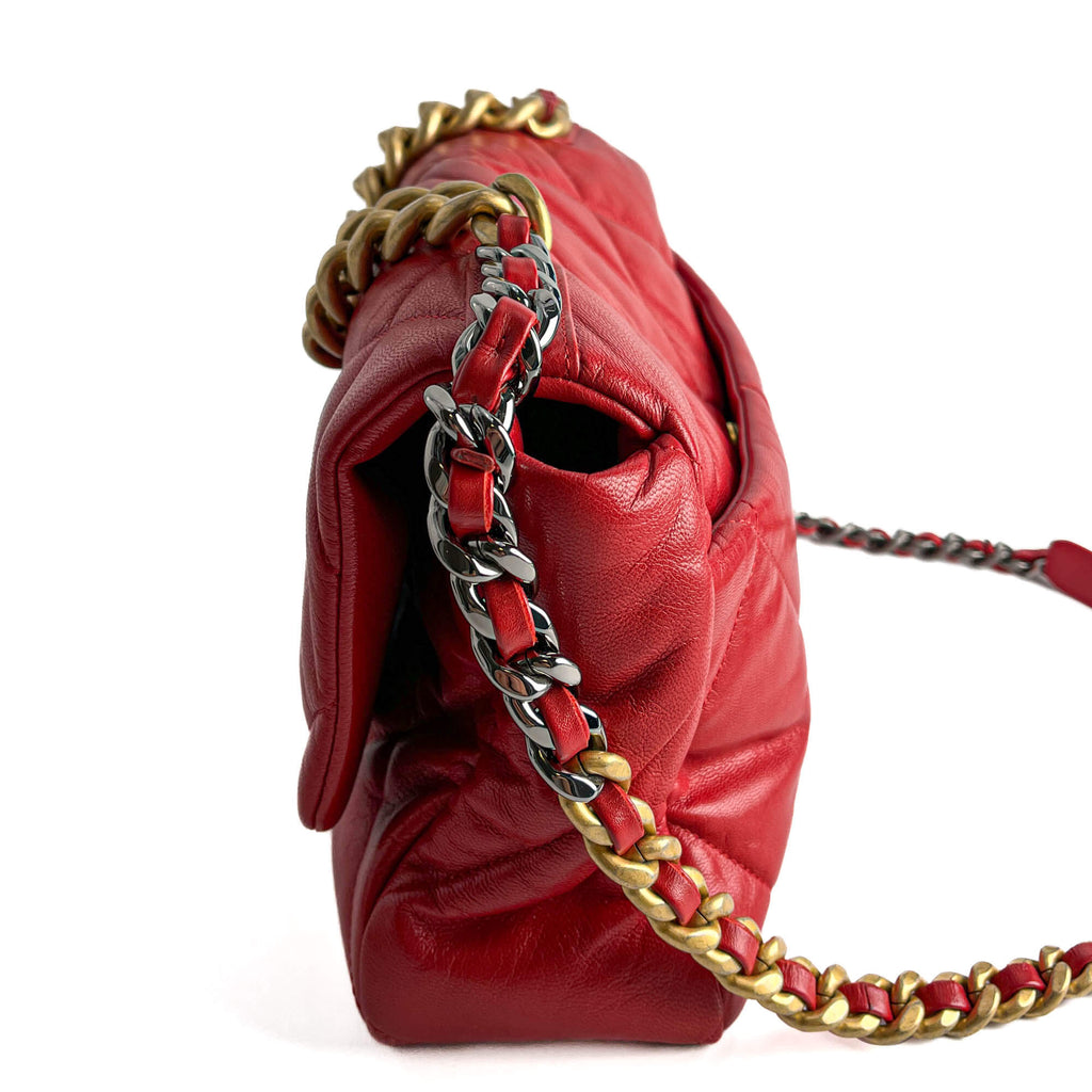 Second hand Chanel CHANEL 19 Large Matelassè Lambskin Leather 2 - Ways Flap Handbag Red - Tabita Bags