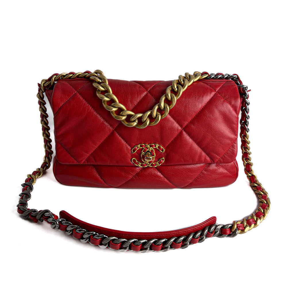 Second hand Chanel CHANEL 19 Large Matelassè Lambskin Leather 2 - Ways Flap Handbag Red - Tabita Bags