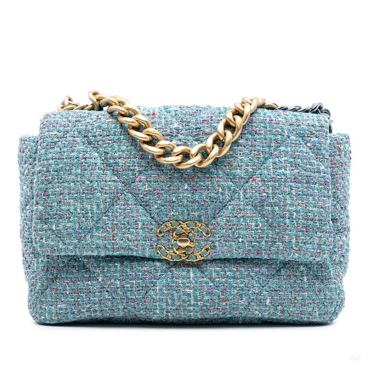 Second hand Chanel CHANEL 19 Large Tweed Matelassè Flap Handbag Blue - Tabita Bags