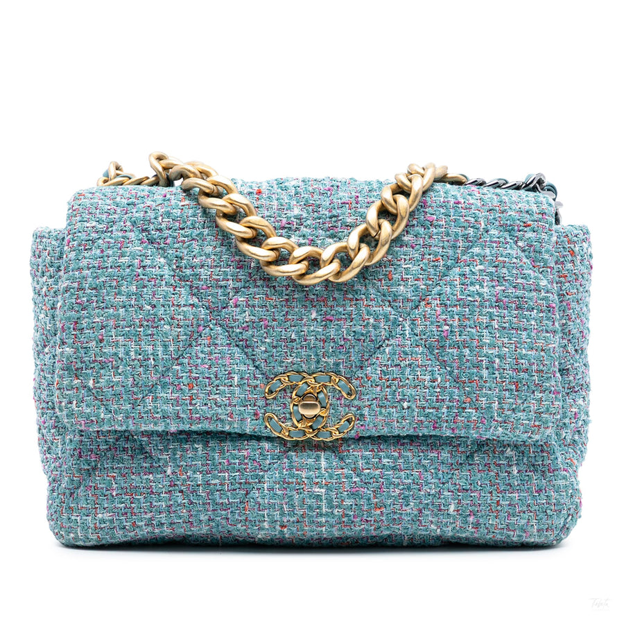 Second hand Chanel CHANEL 19 Large Tweed Matelassè Flap Handbag Blue - Tabita Bags