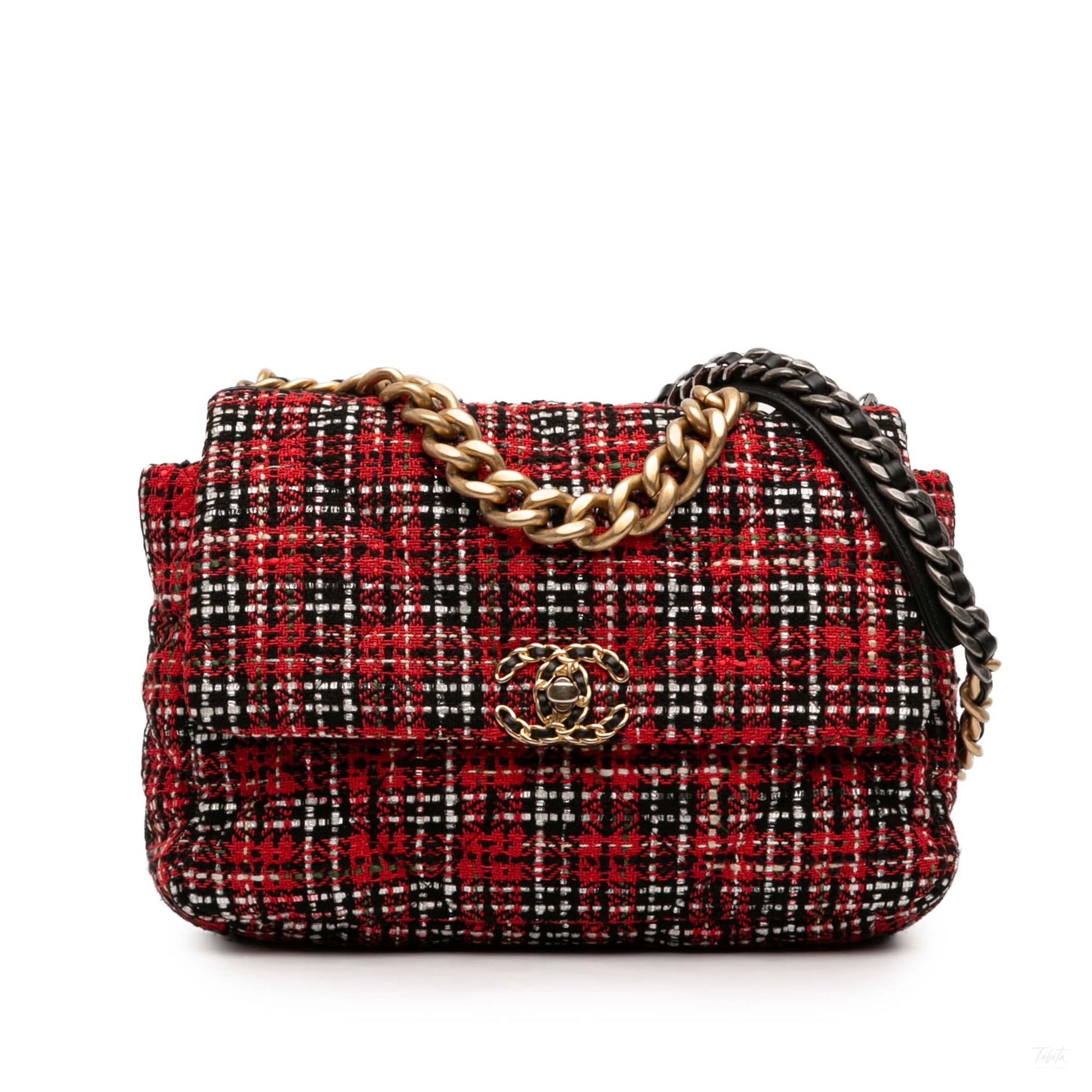 Second hand Chanel CHANEL 19 Large Tweed Matelassè Flap Handbag Red - Tabita Bags