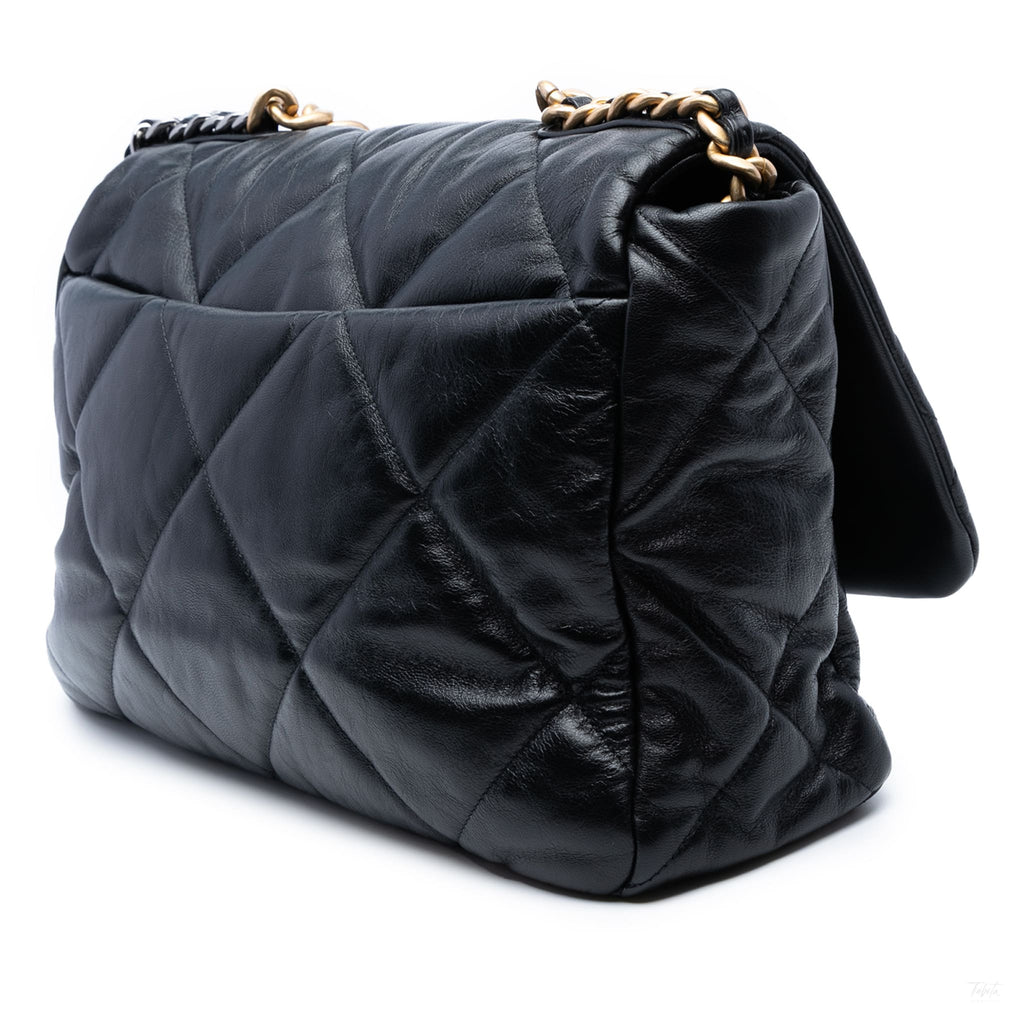 Second hand Chanel CHANEL 19 Maxi Lambskin Leather Matelassè Flap Handbag Black - Tabita Bags