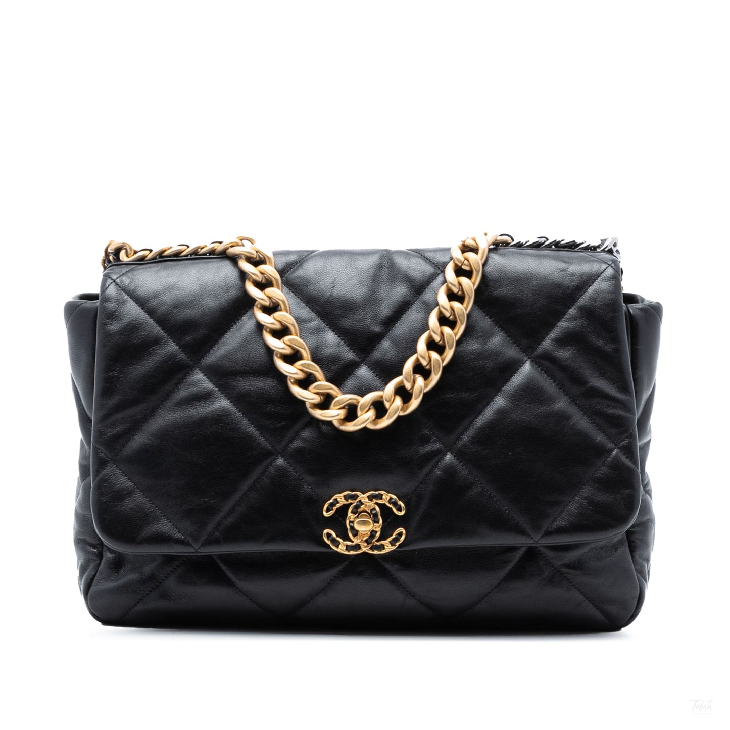 Second hand Chanel CHANEL 19 Maxi Lambskin Leather Matelassè Flap Handbag Black - Tabita Bags