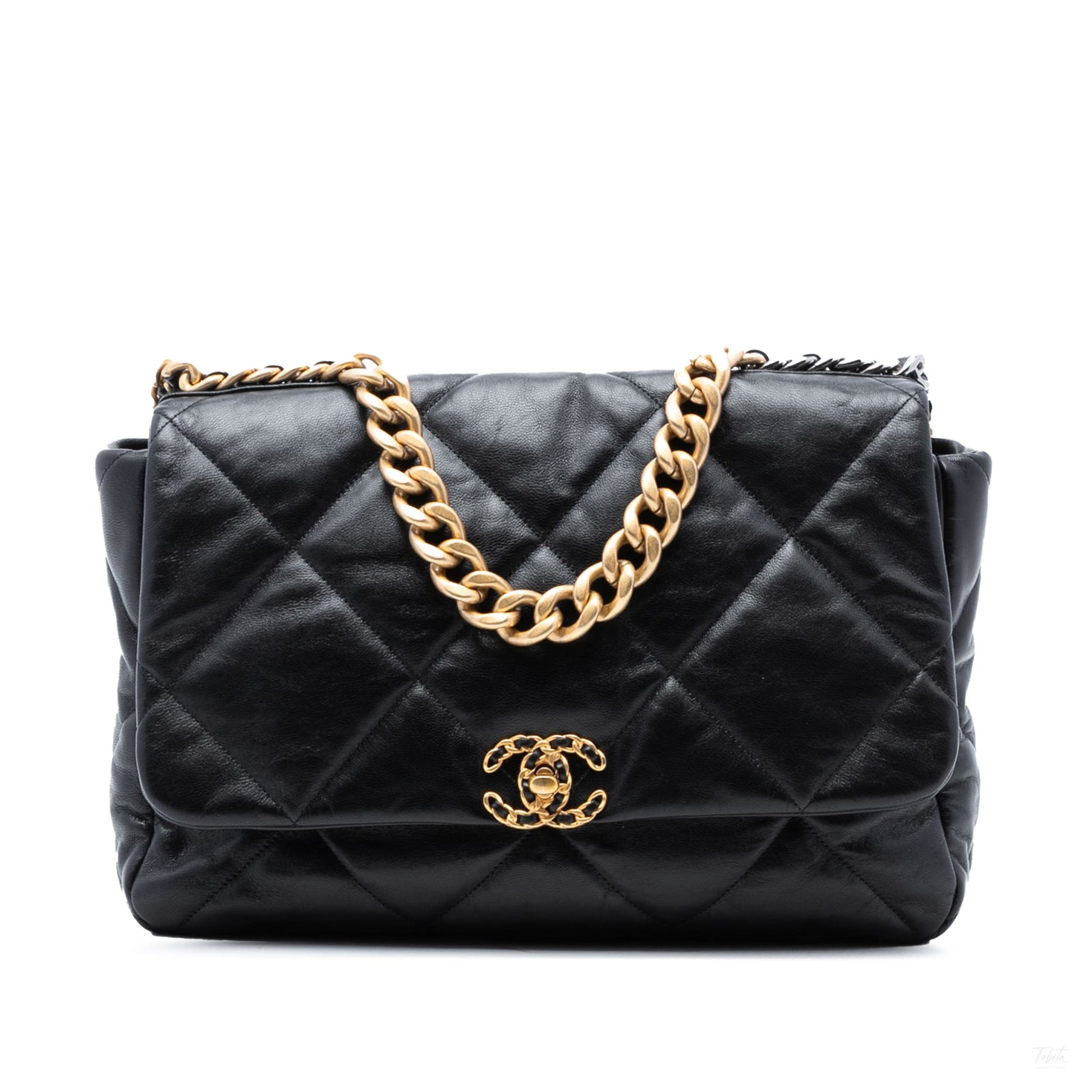 Second hand Chanel CHANEL 19 Maxi Lambskin Leather Matelassè Flap Handbag Black - Tabita Bags