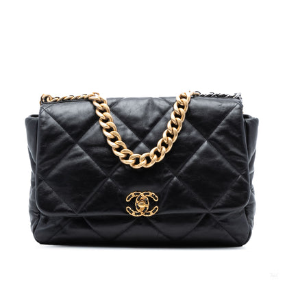 Second hand Chanel CHANEL 19 Maxi Lambskin Leather Matelassè Flap Handbag Black - Tabita Bags