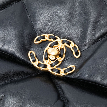 Second hand Chanel CHANEL 19 Maxi Lambskin Leather Matelassè Flap Handbag Black - Tabita Bags