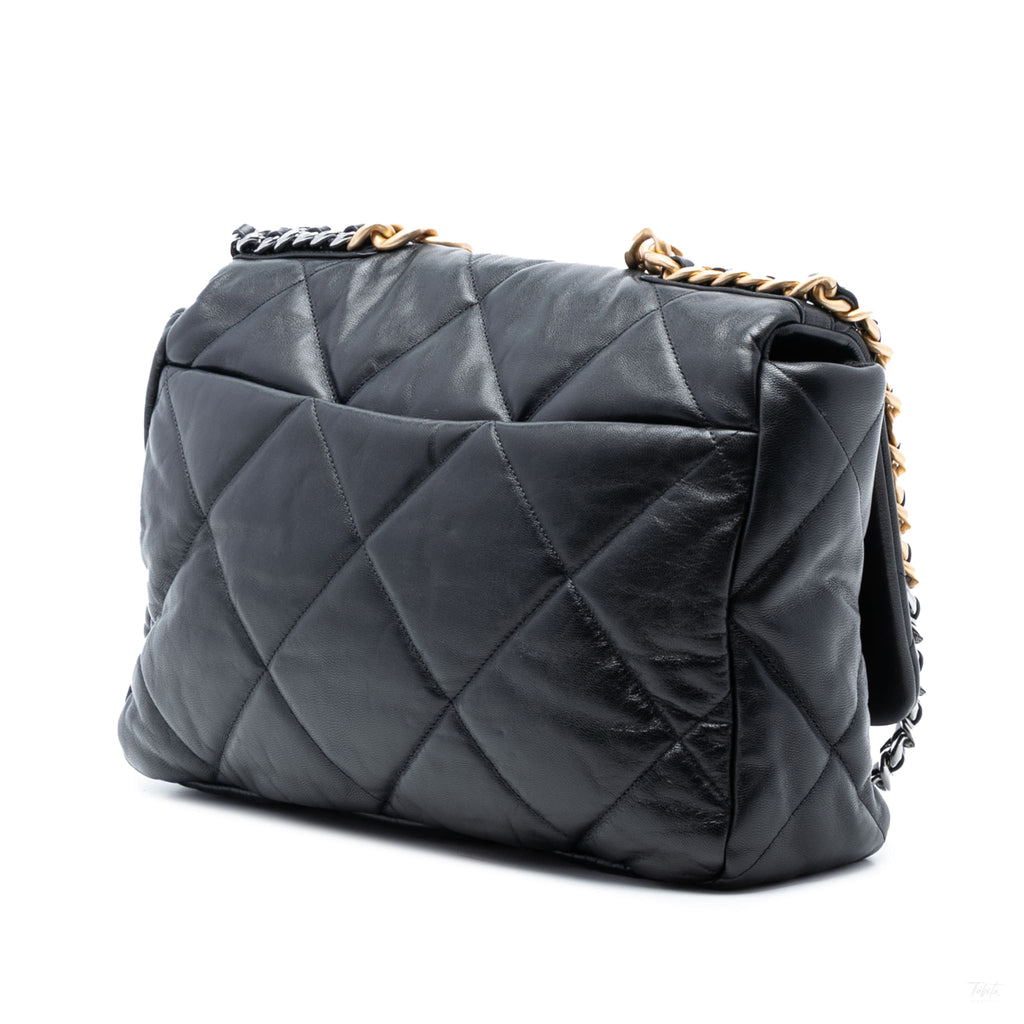 Second hand Chanel CHANEL 19 Maxi Lambskin Leather Matelassè Flap Handbag Black - Tabita Bags